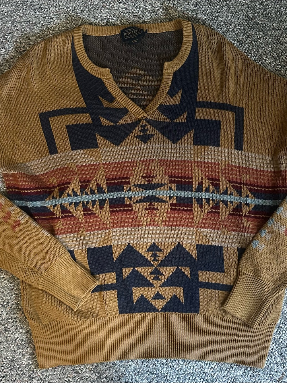 Pendleton Mustard V-Neck Sweater with Navy & Rust Geometric Pattern